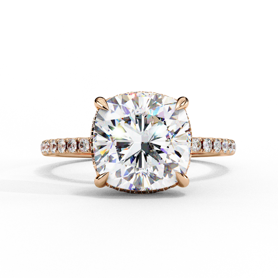 Cushion-Cut Diamond Solitaire Ring with Pavé Band — 10k–18k Gold