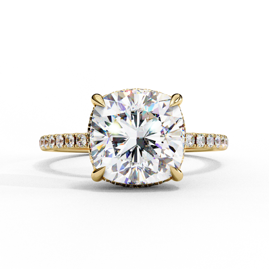 Cushion-Cut Diamond Solitaire Ring with Pavé Band — 10k–18k Gold
