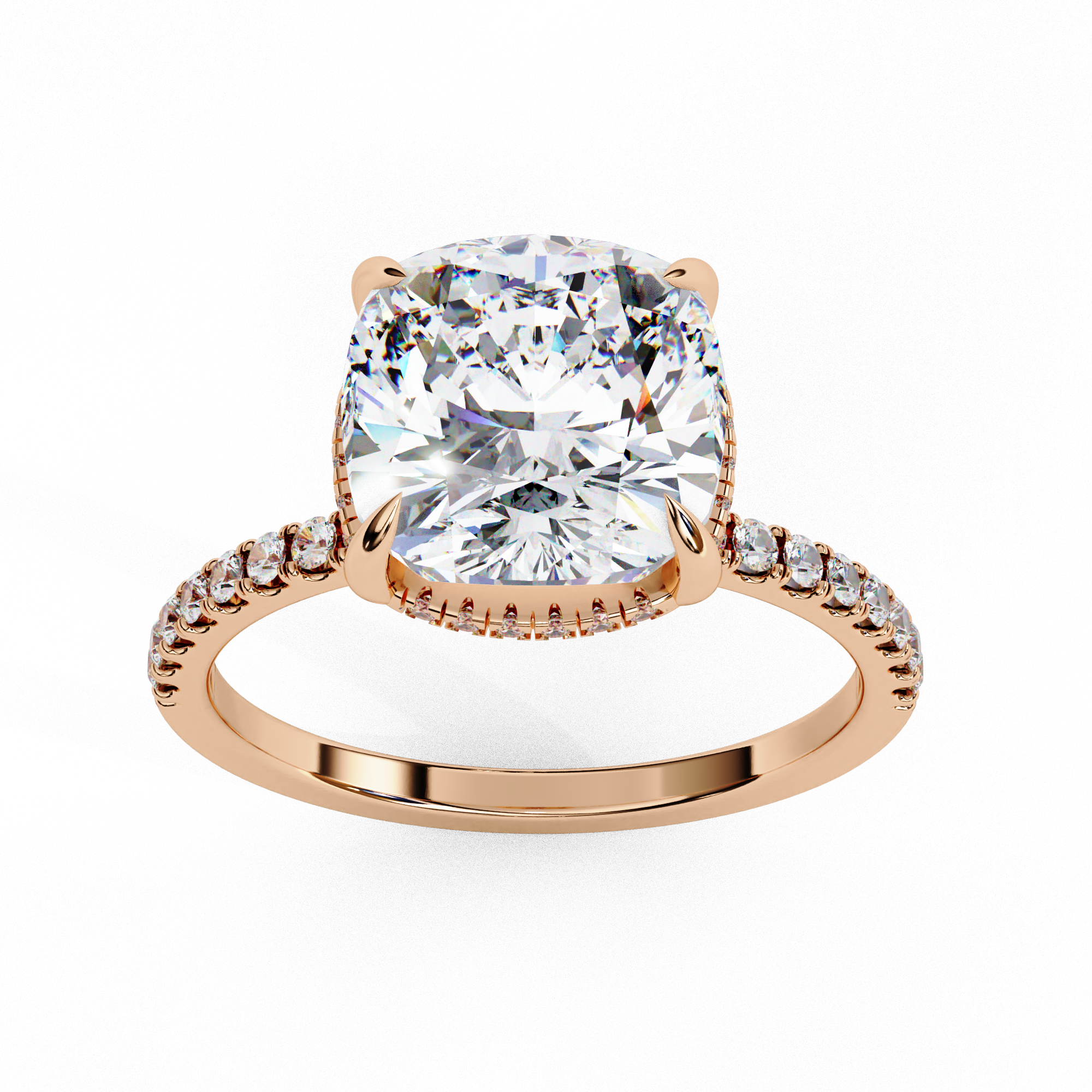 Cushion-Cut Diamond Solitaire Ring with Pavé Band — 10k–18k Gold