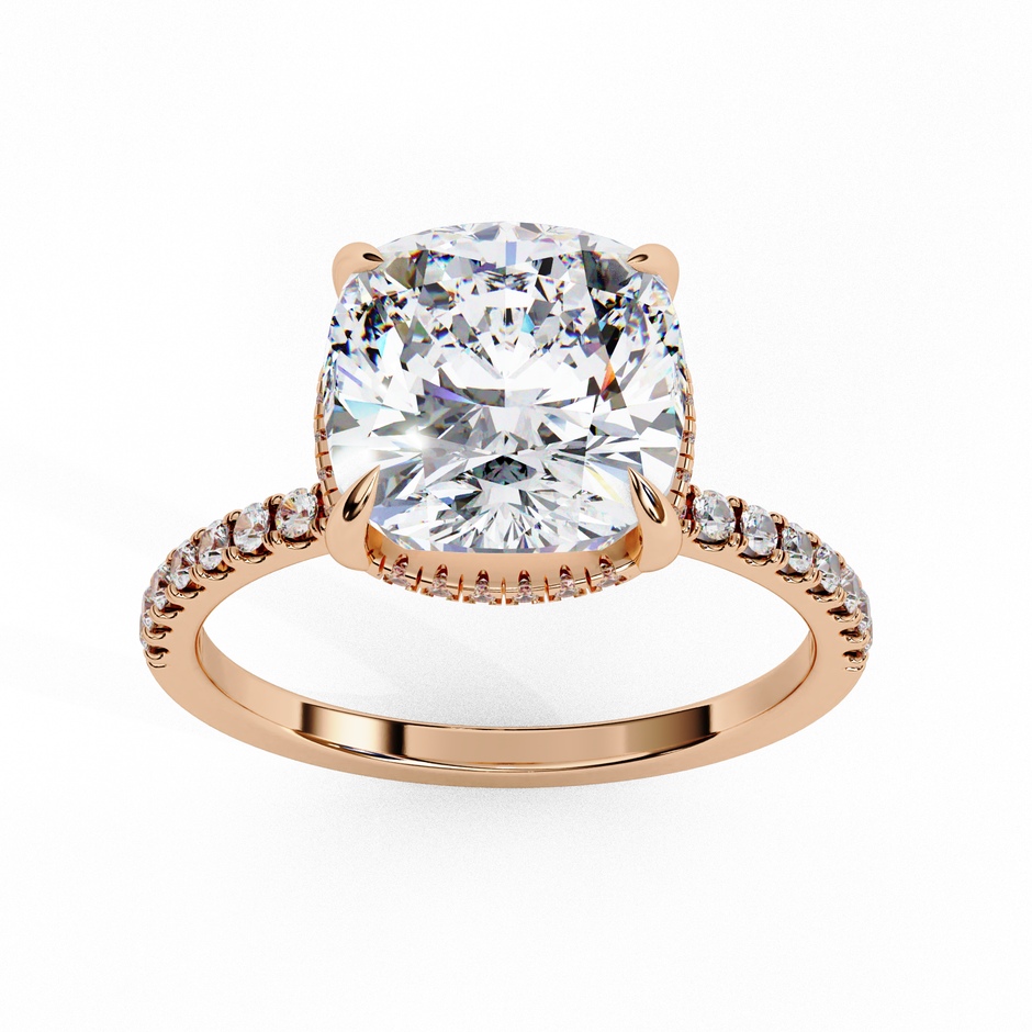 Cushion-Cut Diamond Solitaire Ring with Pavé Band — 10k–18k Gold