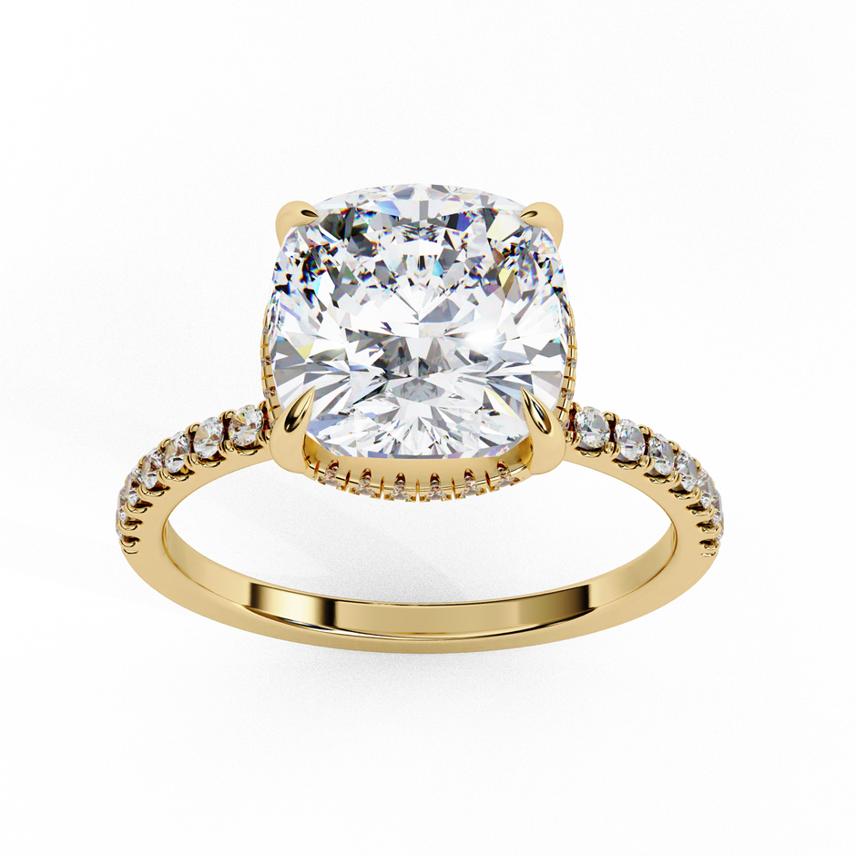 Cushion-Cut Diamond Solitaire Ring with Pavé Band — 10k–18k Gold