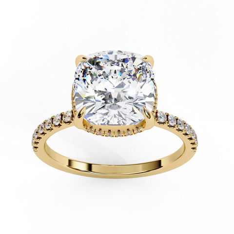 Cushion-Cut Diamond Solitaire Ring with Pavé Band — 10k–18k Gold