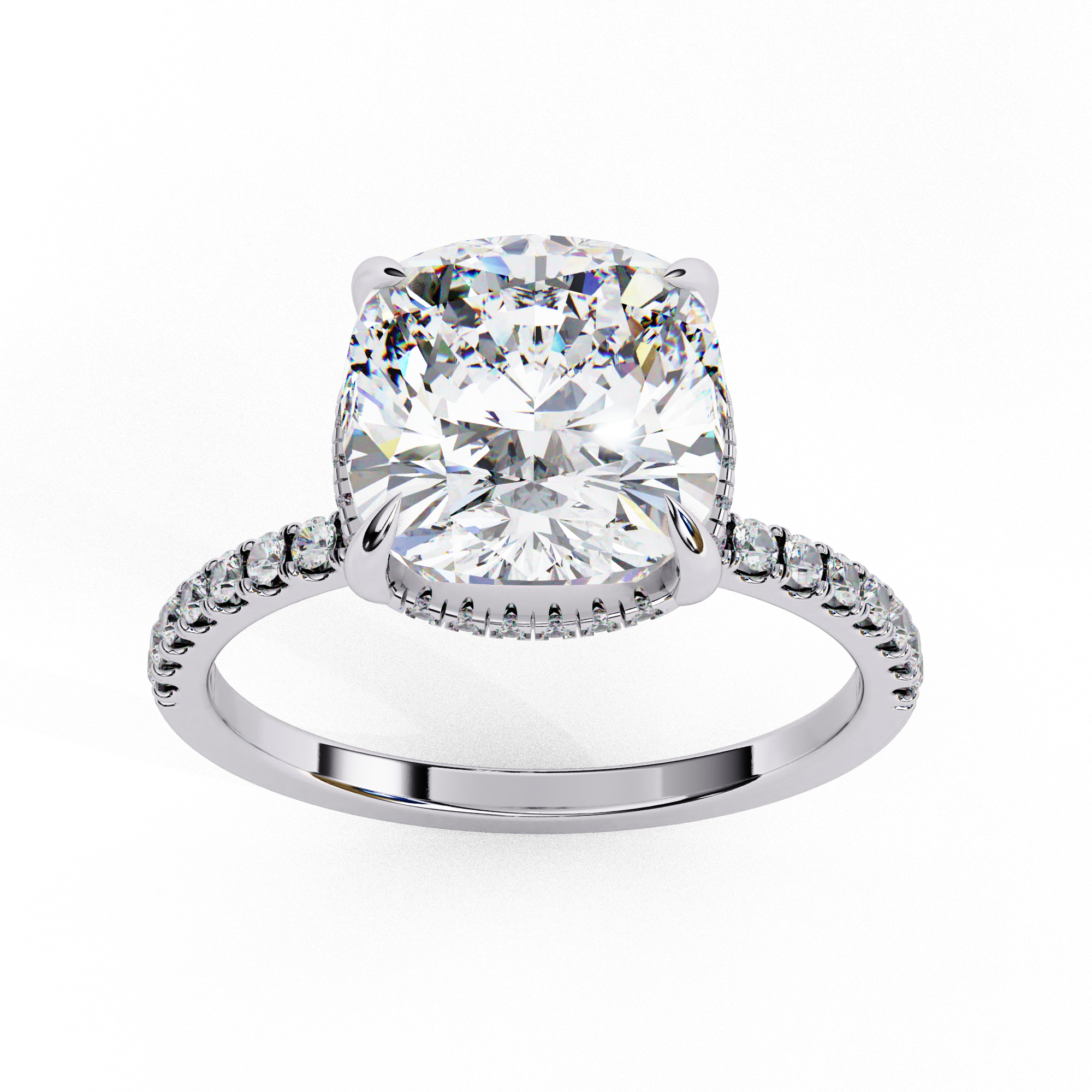 Cushion-Cut Diamond Solitaire Ring with Pavé Band — 10k–18k Gold