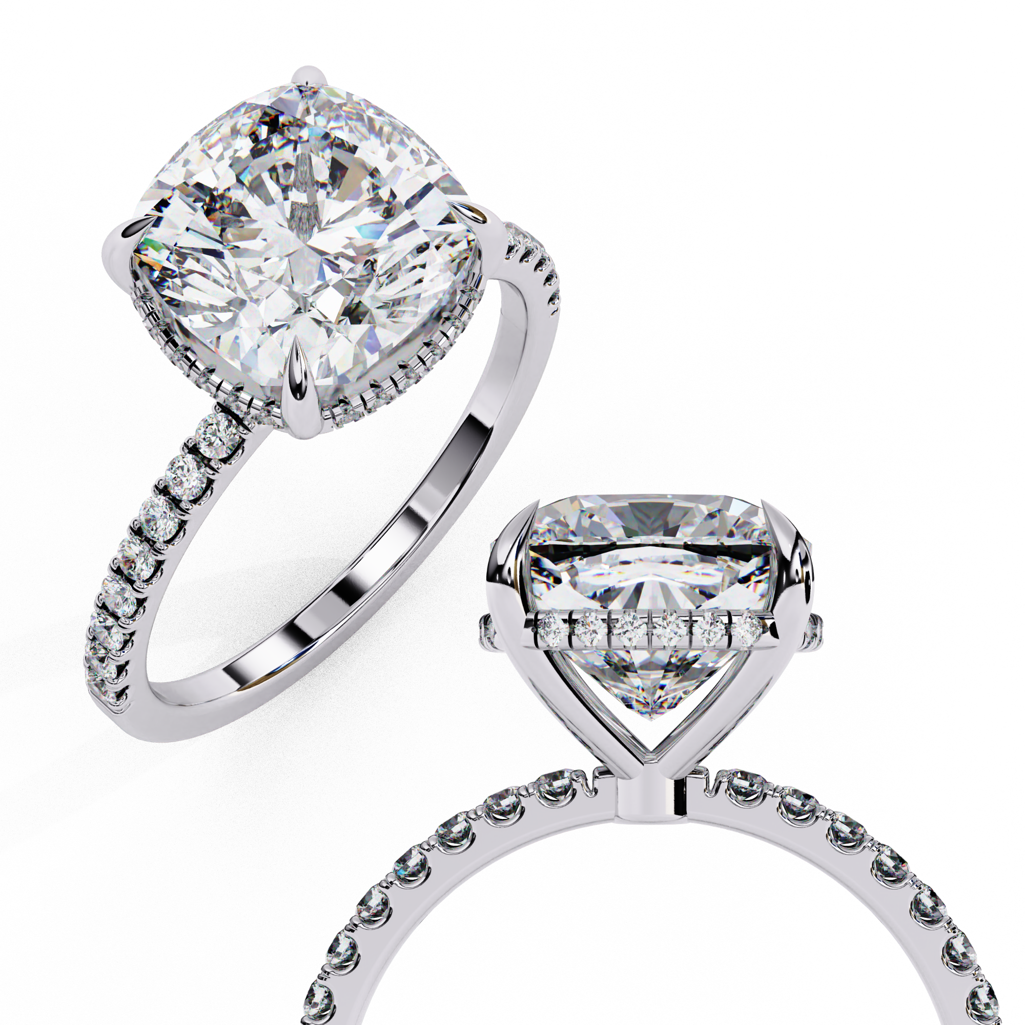 Cushion-Cut Diamond Solitaire Ring with Pavé Band — 10k–18k Gold