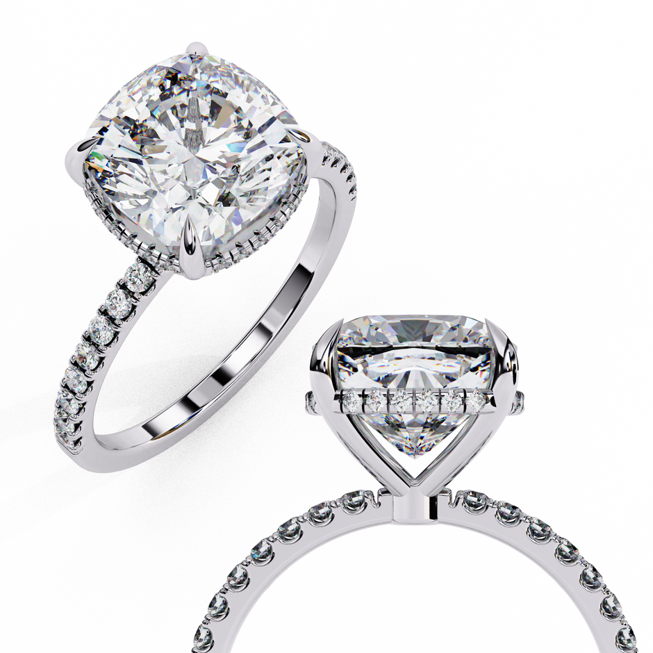 Cushion-Cut Diamond Solitaire Ring with Pavé Band — 10k–18k Gold